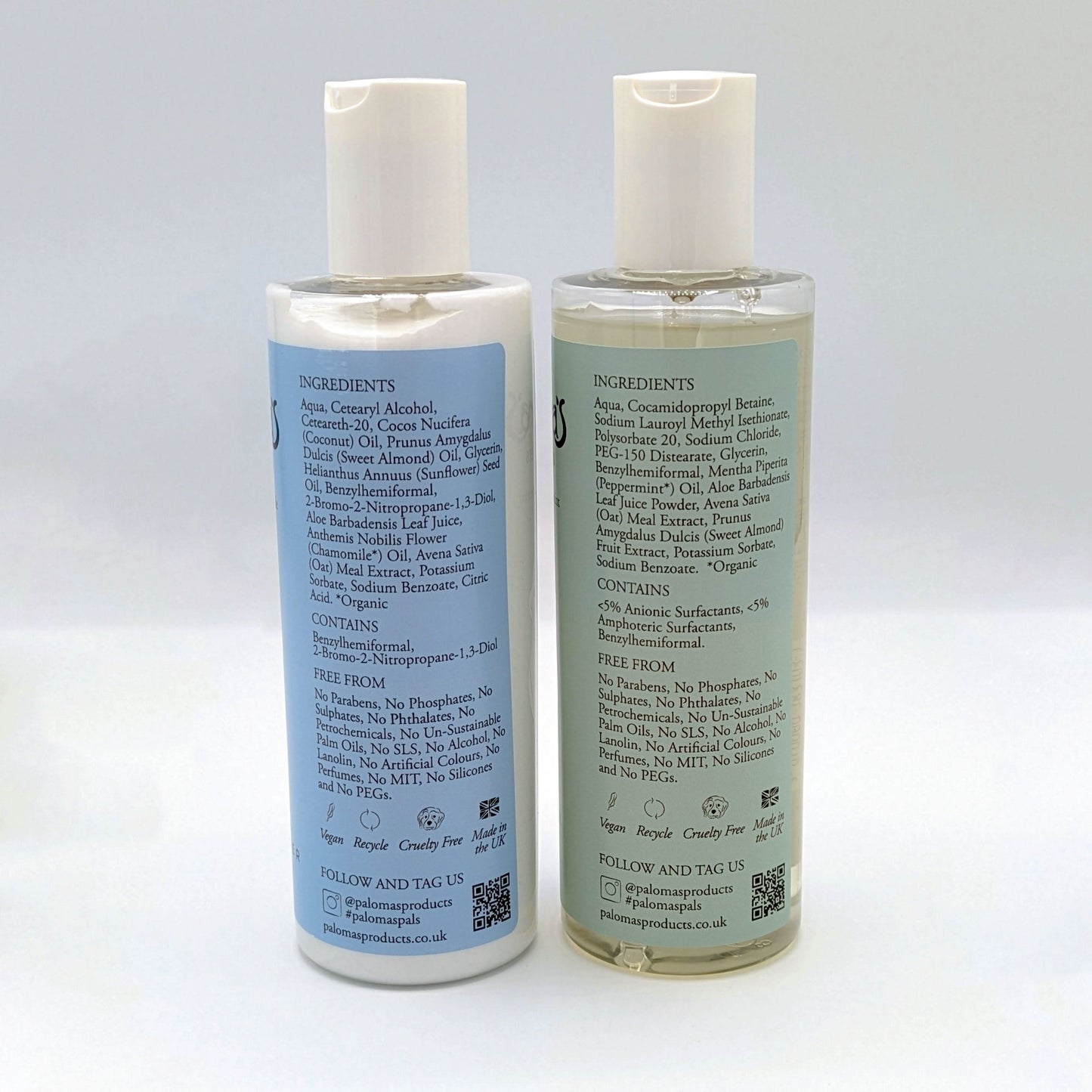 Vegan, cruelty-free grooming set with organic peppermint shampoo and chamomile conditioner for shiny, healthy coats.