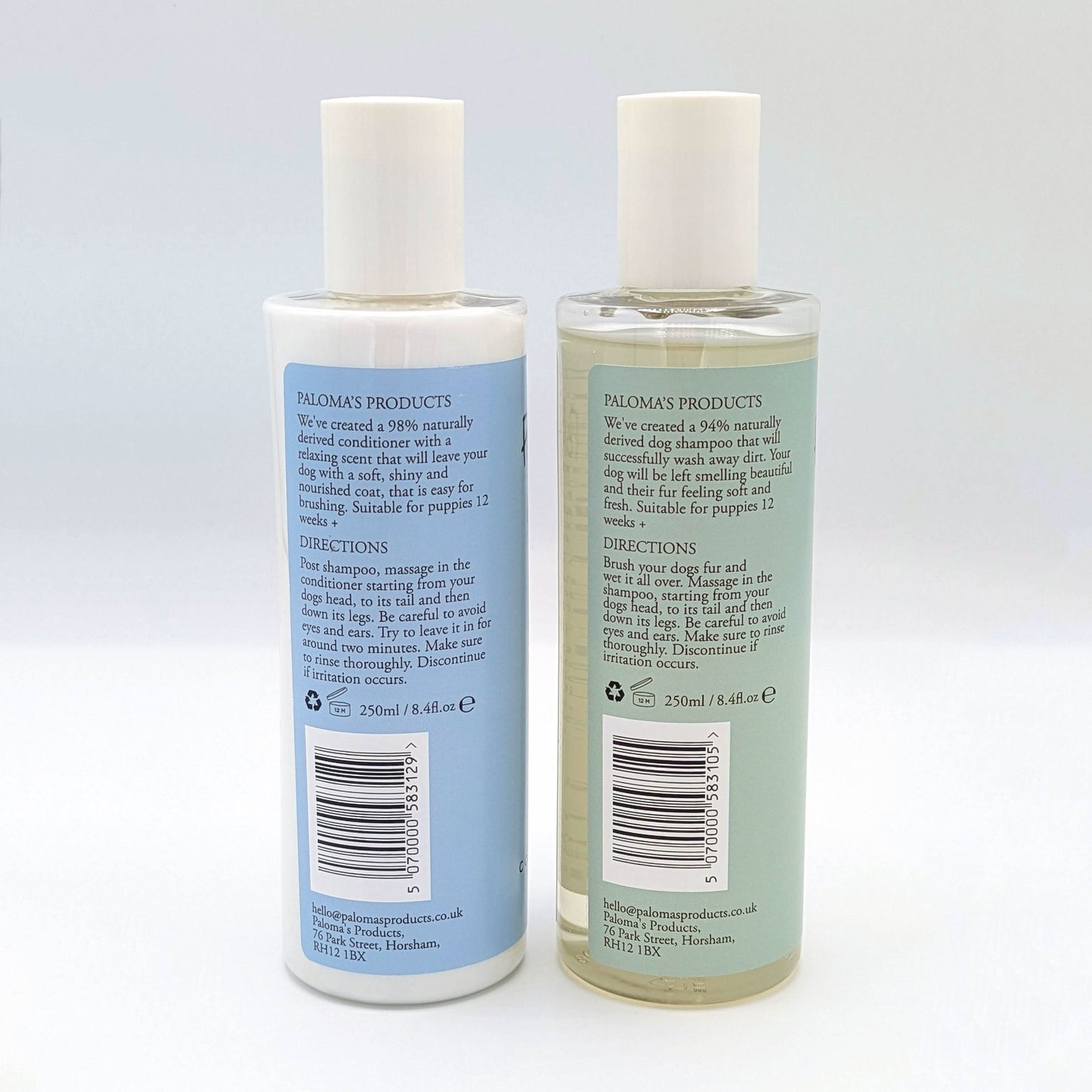 Vegan, cruelty-free grooming set with organic peppermint shampoo and chamomile conditioner for shiny, healthy coats.