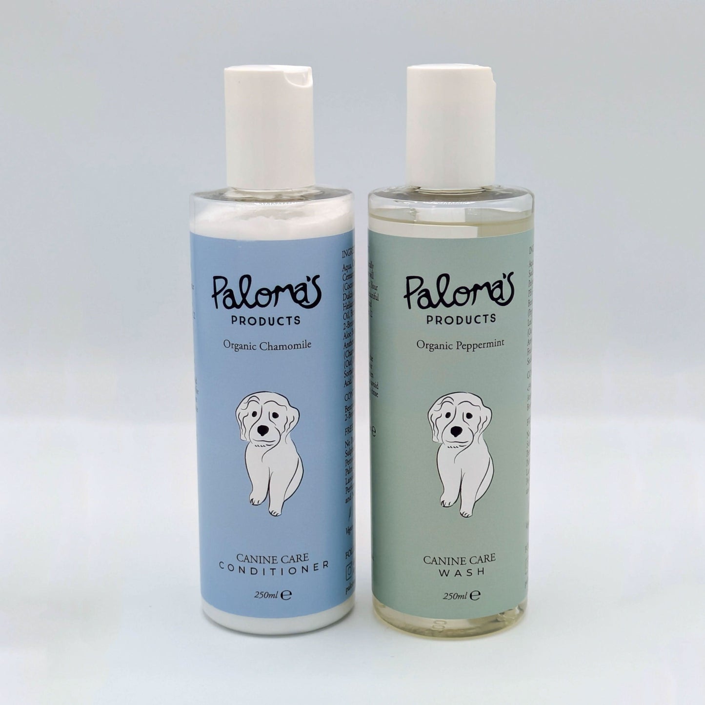Vegan, cruelty-free grooming set with organic peppermint shampoo and chamomile conditioner for shiny, healthy coats.