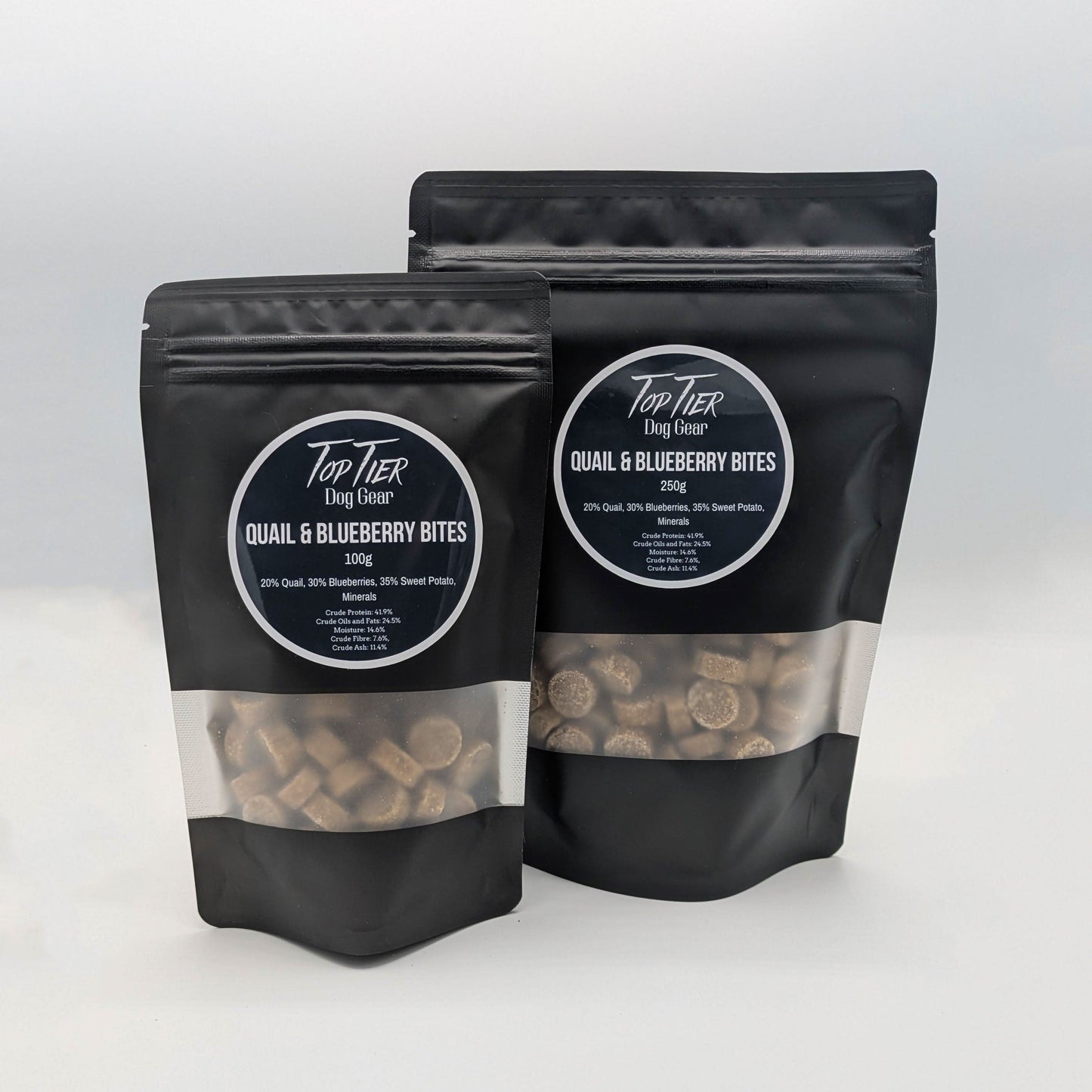Top Tier Quail & Blueberry Bites – Grain-free, protein-rich treats with quail, blueberries, and sweet potato for training and snacking.