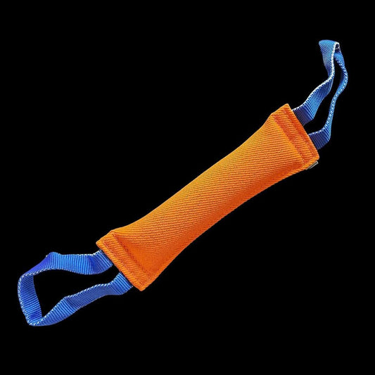 Heavy-duty cotton orange bite tug for obedience, reward training, and bite development, with reinforced handles for control.