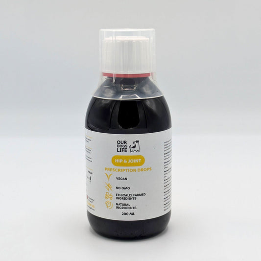 Our Dog's Life Hip & Joint Drops – Natural liquid supplement with MSM, glucosamine, turmeric & antioxidants for dog mobility, joint health & comfort.