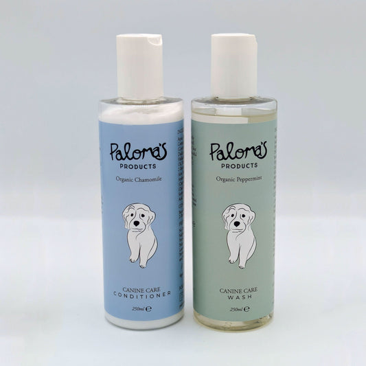 Vegan, cruelty-free grooming set with organic peppermint shampoo and chamomile conditioner for shiny, healthy coats.